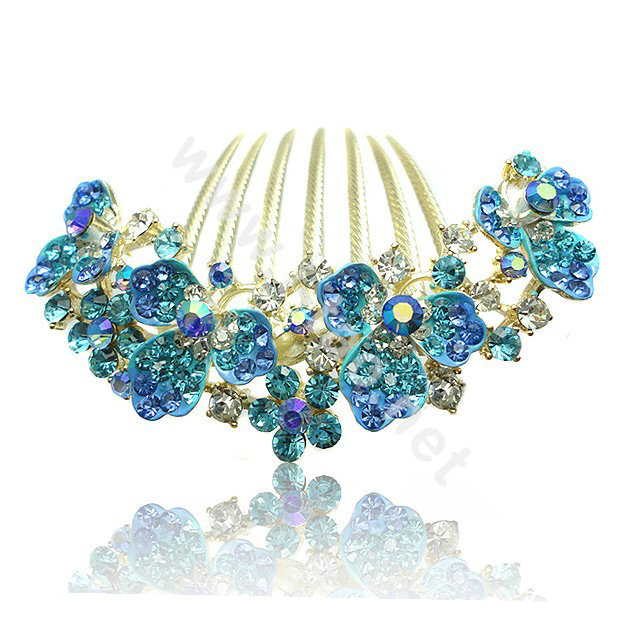 Hair Accessories Alloy Rhinestone Crystal Flower Bride Hair Combs Clip - Sky Blue