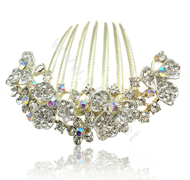 Hair Accessories Alloy Rhinestone Crystal Flower Bride Hair Combs Clip - White