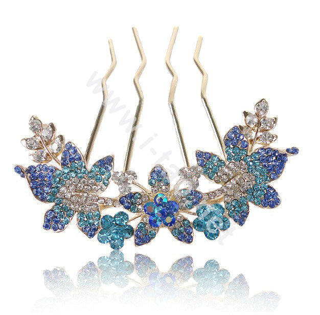 Hair Accessories Alloy Rhinestone Crystal Flower Hair Pin Clip Fork Combs - Blue