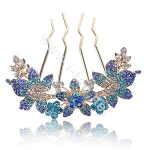 Hair Accessories Alloy Rhinestone Crystal Flower Hair Pin Clip Fork Combs - Blue