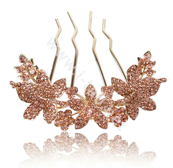 Hair Accessories Alloy Rhinestone Crystal Flower Hair Pin Clip Fork Combs - Champagne