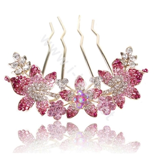 Hair Accessories Alloy Rhinestone Crystal Flower Hair Pin Clip Fork Combs - Pink