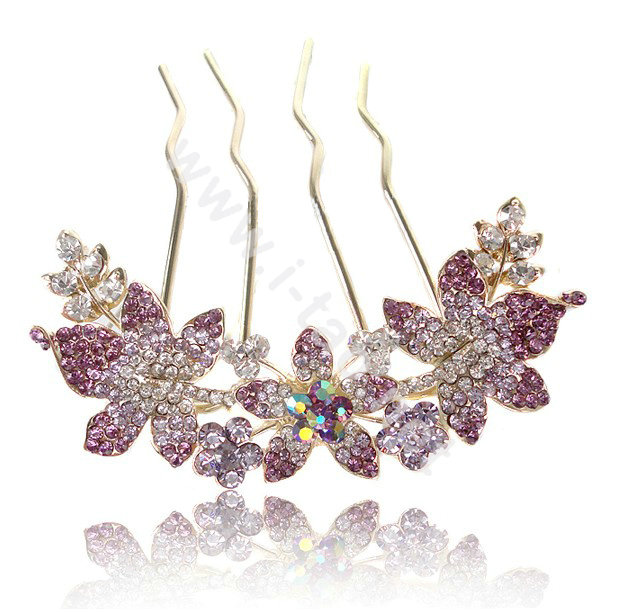 Hair Accessories Alloy Rhinestone Crystal Flower Hair Pin Clip Fork Combs - Purple