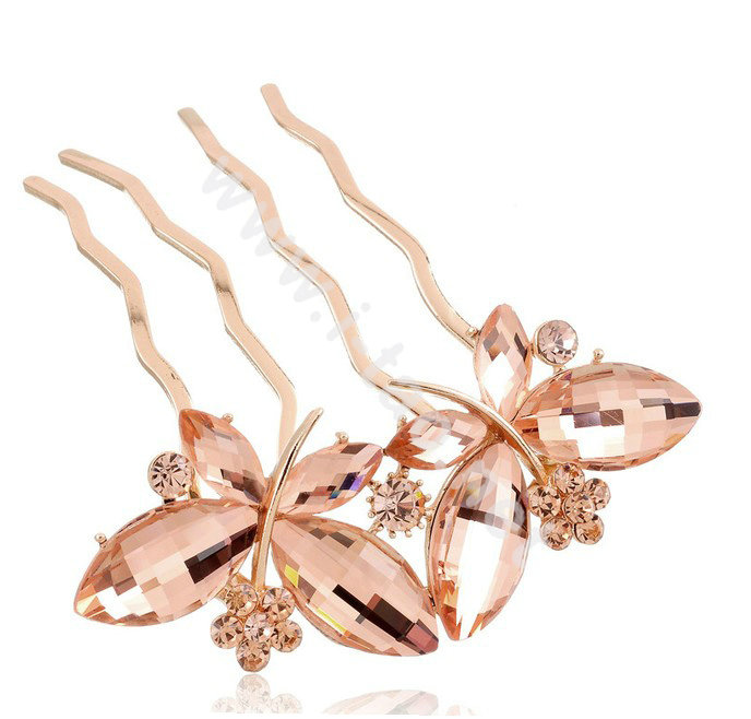 Hair Accessories Crystal Rhinestone Alloy Butterfly Hair Pin Clip Fork Combs - Champagne