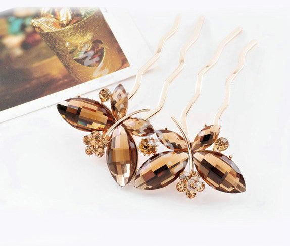 Hair Accessories Crystal Rhinestone Alloy Butterfly Hair Pin Clip Fork Combs - Coffee
