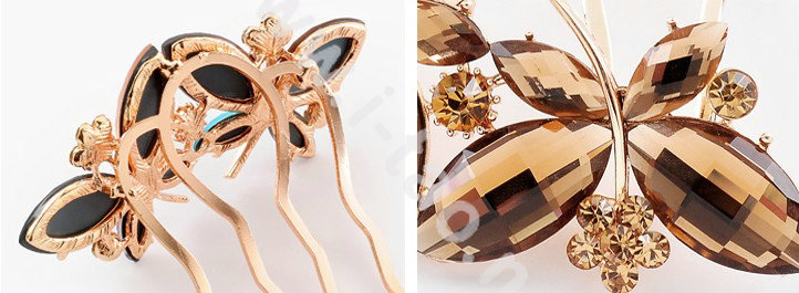Hair Accessories Crystal Rhinestone Alloy Butterfly Hair Pin Clip Fork Combs - Coffee