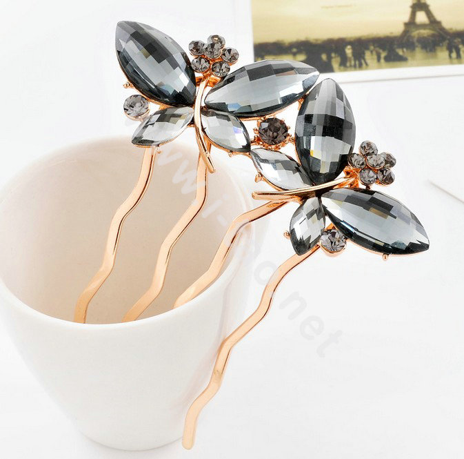 Hair Accessories Crystal Rhinestone Alloy Butterfly Hair Pin Clip Fork Combs - Gray
