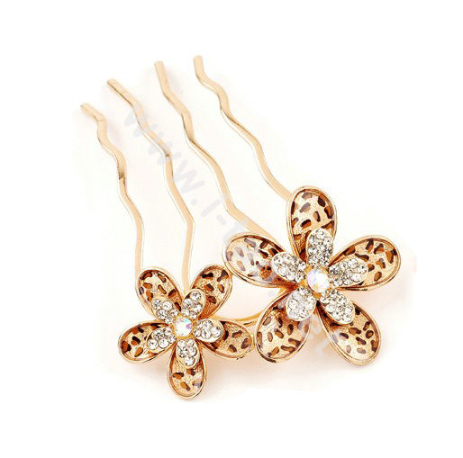 Hair Accessories Crystal Rhinestone Alloy Leopard Flower Hair Pin Clip Fork Combs - Brown