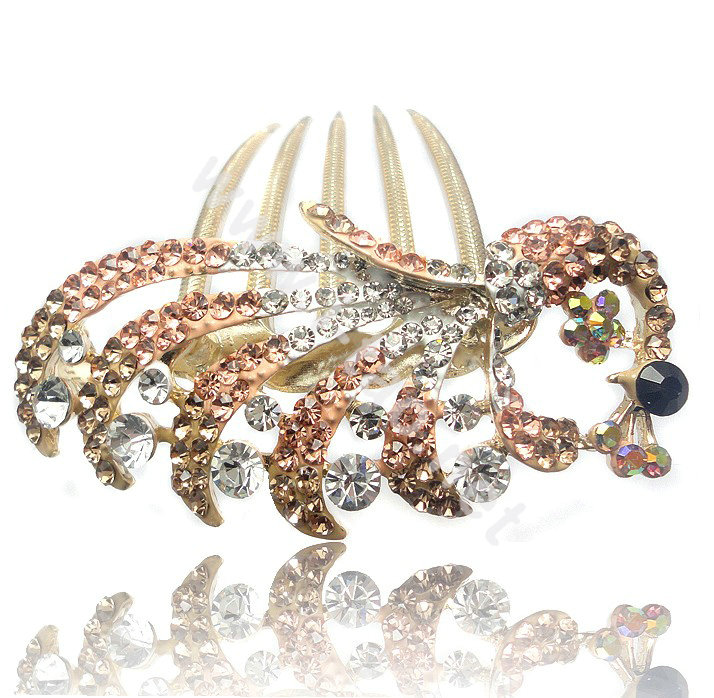 Hair Accessories Crystal Rhinestone Alloy Peacock Hair Pin Clip Combs - Champagne