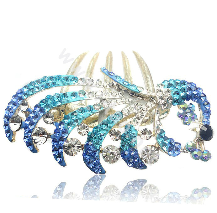Hair Accessories Crystal Rhinestone Alloy Peacock Hair Pin Clip Combs - Sky blue