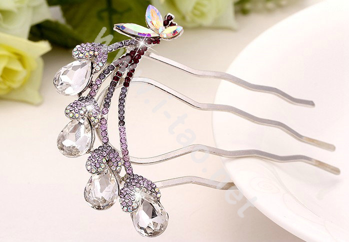 Hair Accessories Crystal Rhinestone Butterfly Alloy Hair Pin Clip Fork Combs - Purple