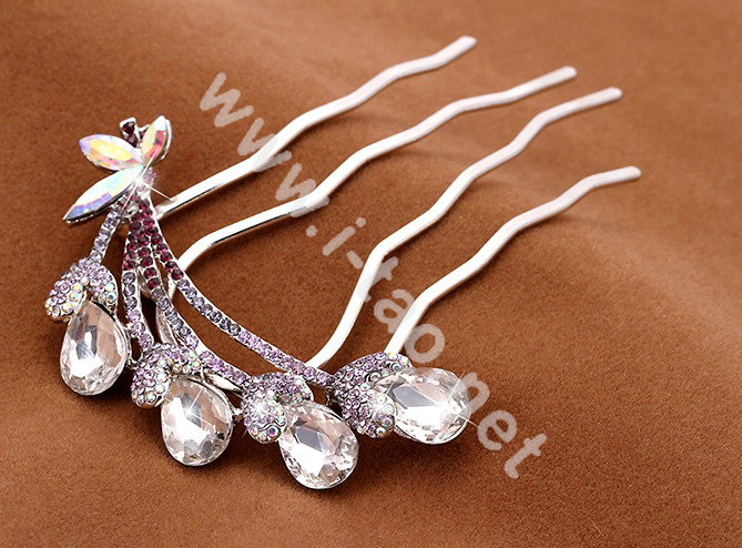 Hair Accessories Crystal Rhinestone Butterfly Alloy Hair Pin Clip Fork Combs - Purple