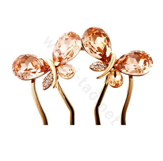 Hair Accessories Crystal Rhinestone Butterfly Hair Pin Clip Fork Combs - Champagne
