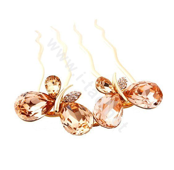 Hair Accessories Crystal Rhinestone Butterfly Hair Pin Clip Fork Combs - Champagne