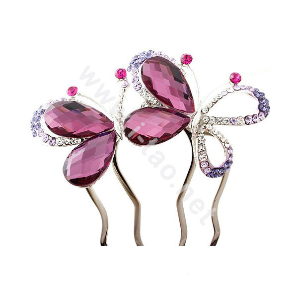 Hair Accessories Crystal Rhinestone Butterfly Hair Pin Clip Fork Combs - Purple