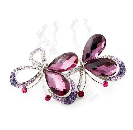 Hair Accessories Crystal Rhinestone Butterfly Hair Pin Clip Fork Combs - Purple