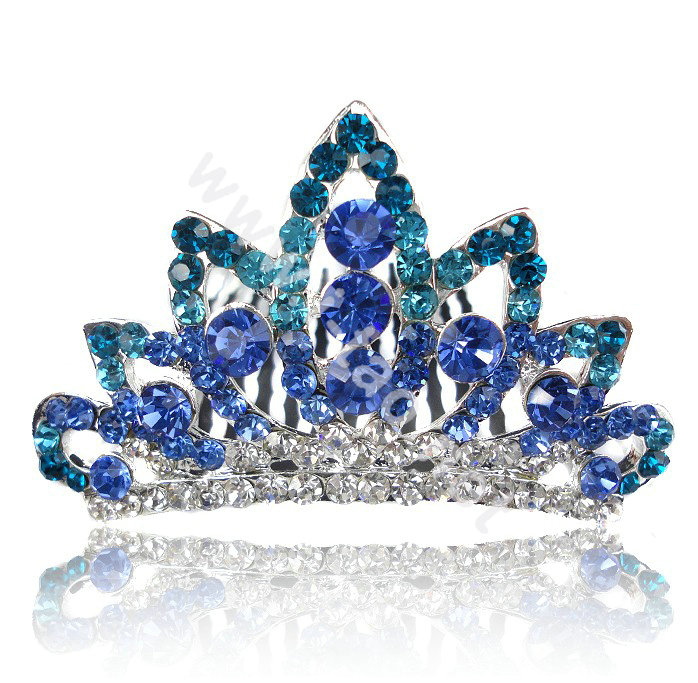 Hair Accessories Crystal Rhinestone Crown Bride Hair Pin Clip Combs - Blue