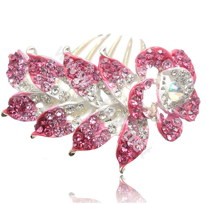 Hair Accessories Crystal Rhinestone Flower Alloy Bride Hair Clip Combs - Pink