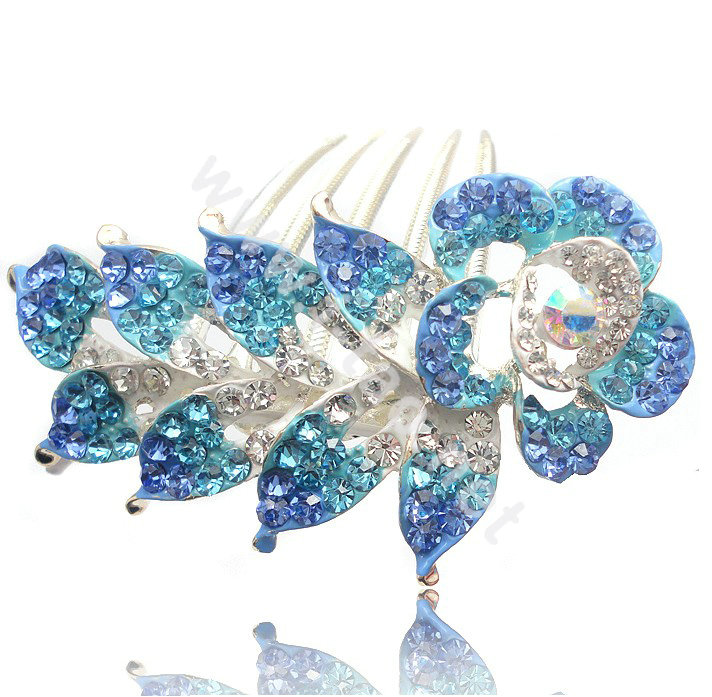 Hair Accessories Crystal Rhinestone Flower Alloy Bride Hair Clip Combs - Sky blue