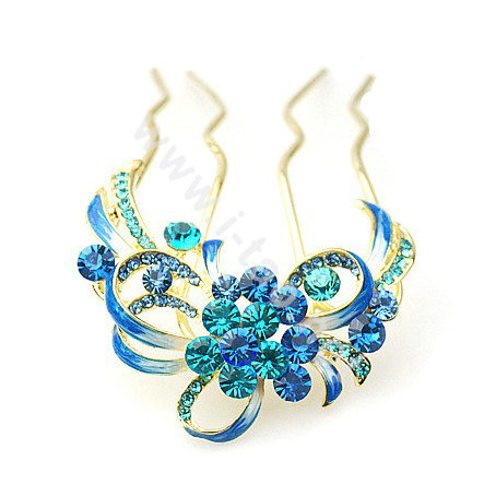 Hair Accessories Crystal Rhinestone Flower Alloy Hair Pin Clip Comb - Blue