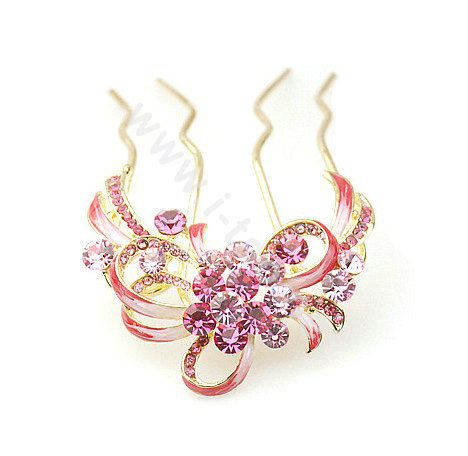 Hair Accessories Crystal Rhinestone Flower Alloy Hair Pin Clip Comb - Pink