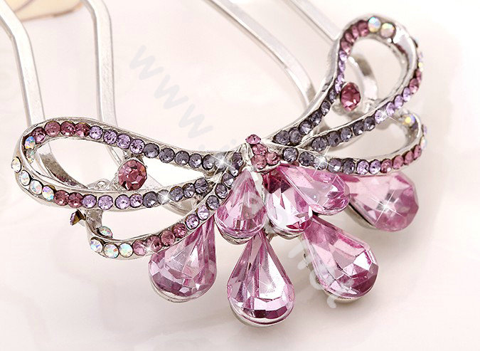 Hair Accessories Crystal Rhinestone Flower Alloy Hair Pin Clip Fork Combs - Pink
