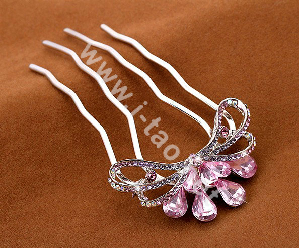 Hair Accessories Crystal Rhinestone Flower Alloy Hair Pin Clip Fork Combs - Pink