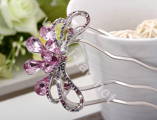 Hair Accessories Crystal Rhinestone Flower Alloy Hair Pin Clip Fork Combs - Pink