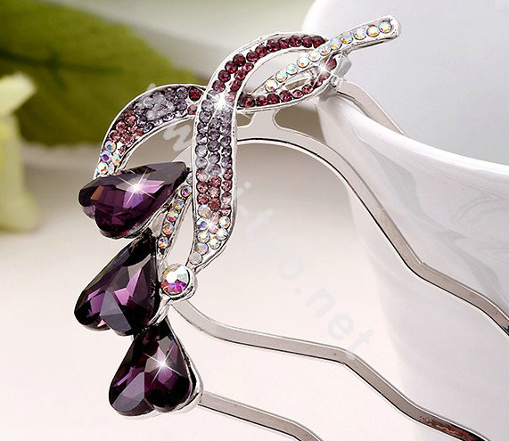 Hair Accessories Crystal Rhinestone Flower Alloy Hair Pin Clip Fork Combs - Purple