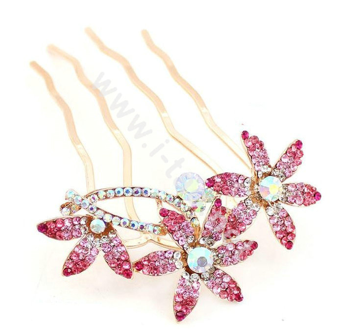 Hair Accessories Crystal Rhinestone Flower Hair Pin Clip Fork Combs - Pink