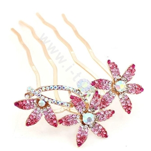 Hair Accessories Crystal Rhinestone Flower Hair Pin Clip Fork Combs - Pink