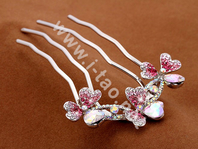 Hair Accessories Crystal Rhinestone Flower Metal Hair Pin Clip Fork Combs - Pink