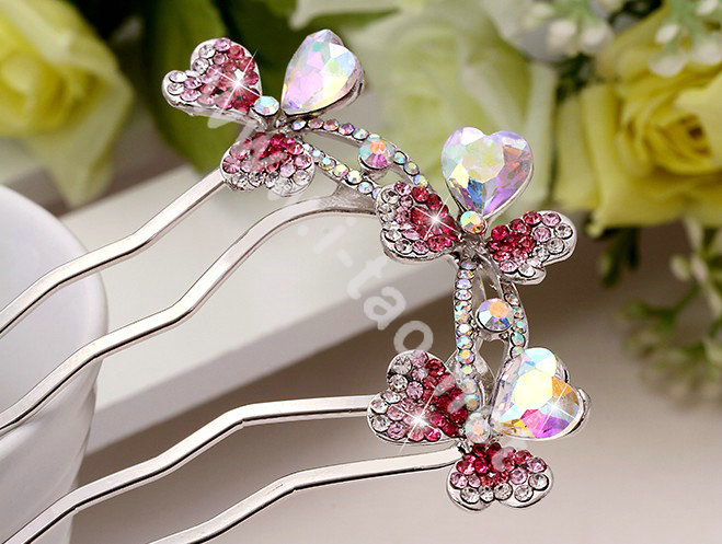 Hair Accessories Crystal Rhinestone Flower Metal Hair Pin Clip Fork Combs - Pink