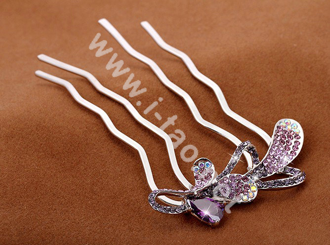 Hair Accessories Crystal Rhinestone Flower Metal Hair Pin Clip Fork Combs - Purple