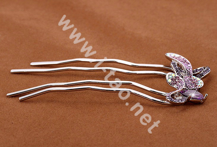 Hair Accessories Crystal Rhinestone Flower Metal Hair Pin Clip Fork Combs - Purple