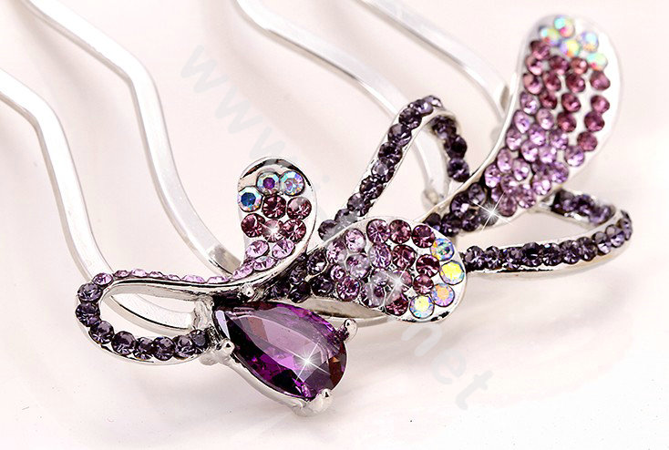 Hair Accessories Crystal Rhinestone Flower Metal Hair Pin Clip Fork Combs - Purple