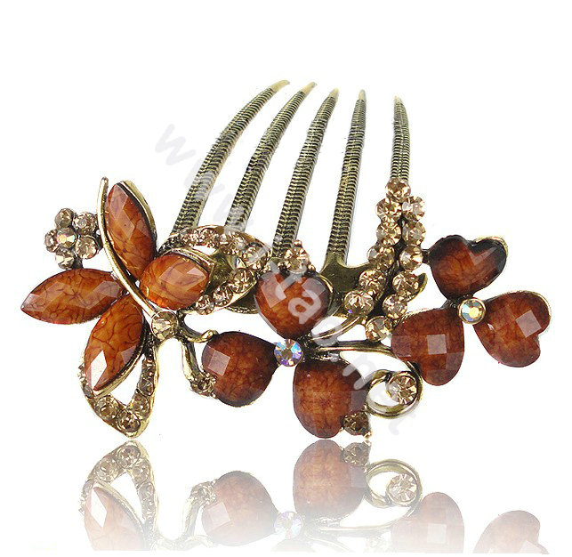 Hair Accessories Crystal Rhinestone Retro Alloy Flowers Hair Clip Combs - Coffee