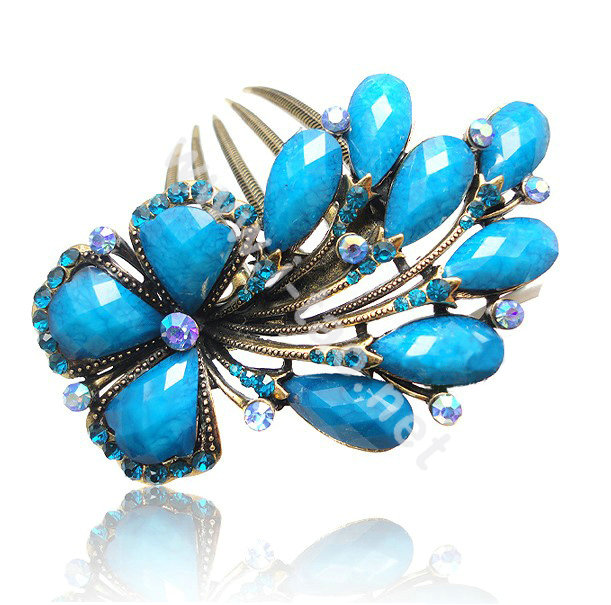 Hair Accessories Crystal Rhinestone Retro Flower Alloy Hair Clip Combs - Blue