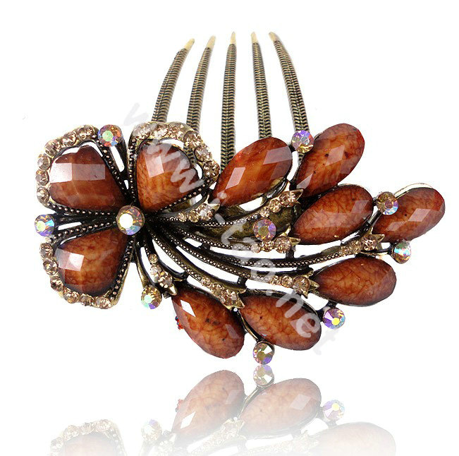 Hair Accessories Crystal Rhinestone Retro Flower Alloy Hair Clip Combs - Coffee