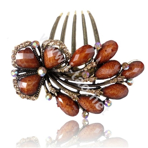 Hair Accessories Crystal Rhinestone Retro Flower Alloy Hair Clip Combs - Coffee