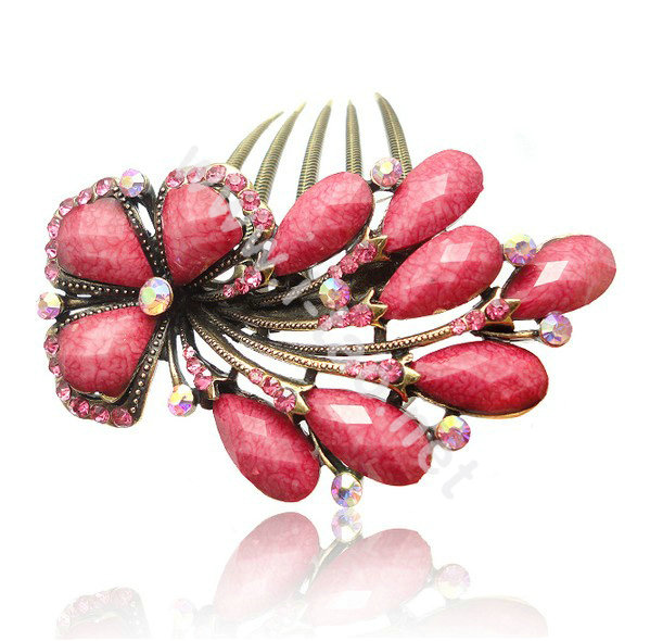 Hair Accessories Crystal Rhinestone Retro Flower Alloy Hair Clip Combs - Red