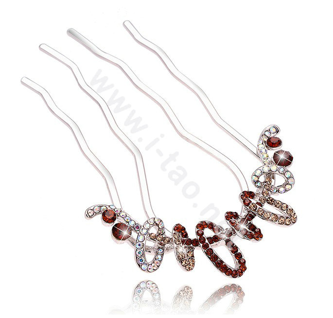 Hair Accessories Crystal Rhinestone Ring Alloy Hair Pin Clip Fork Combs - Coffee
