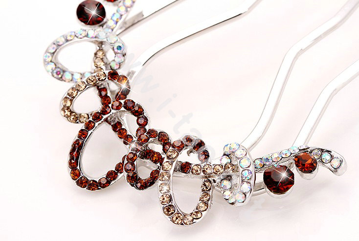 Hair Accessories Crystal Rhinestone Ring Alloy Hair Pin Clip Fork Combs - Coffee