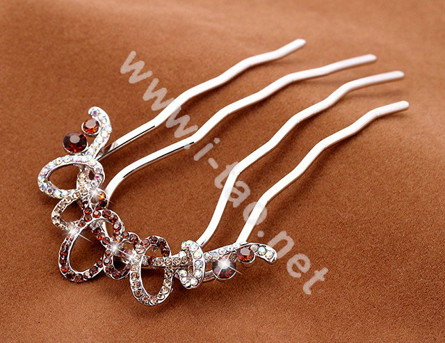 Hair Accessories Crystal Rhinestone Ring Alloy Hair Pin Clip Fork Combs - Coffee
