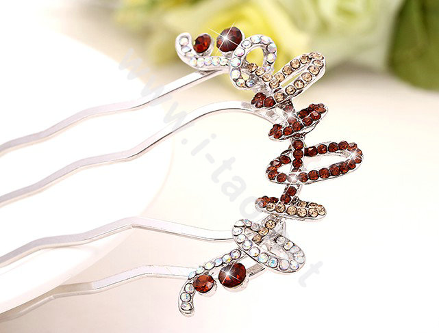 Hair Accessories Crystal Rhinestone Ring Alloy Hair Pin Clip Fork Combs - Coffee