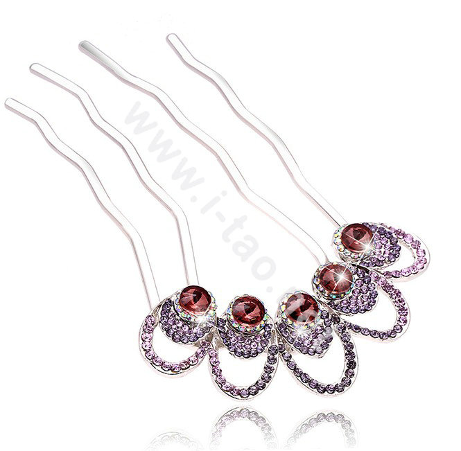 Hair Accessories Crystal Rhinestone Ring Alloy Hair Pin Clip Fork Combs - Purple