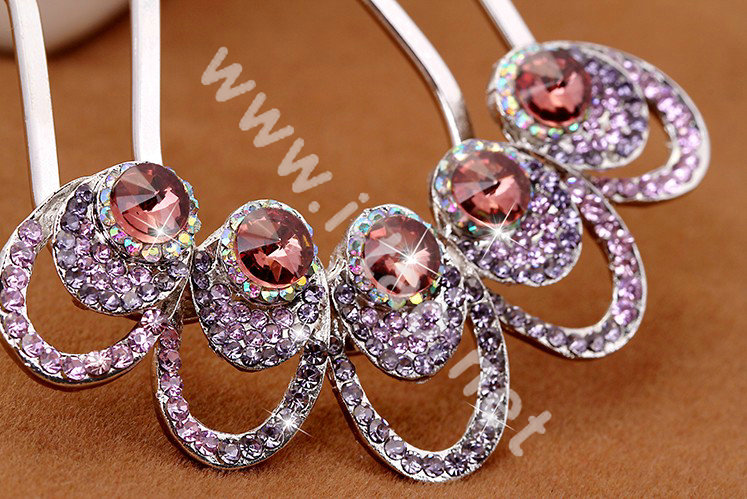 Hair Accessories Crystal Rhinestone Ring Alloy Hair Pin Clip Fork Combs - Purple