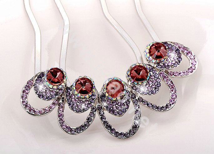 Hair Accessories Crystal Rhinestone Ring Alloy Hair Pin Clip Fork Combs - Purple