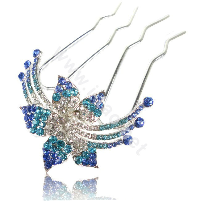Hair Accessories Flower Alloy Crystal Rhinestone Hair Pin Clip Fork Combs - Blue