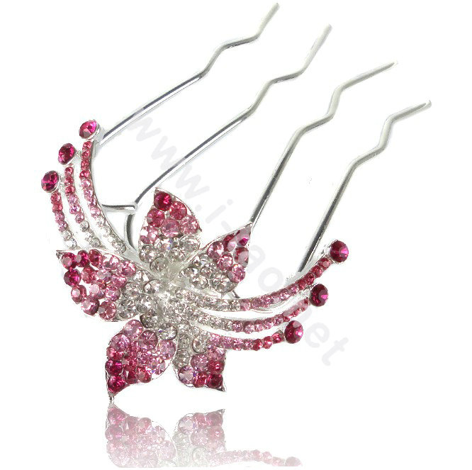 Hair Accessories Flower Alloy Crystal Rhinestone Hair Pin Clip Fork Combs - Pink